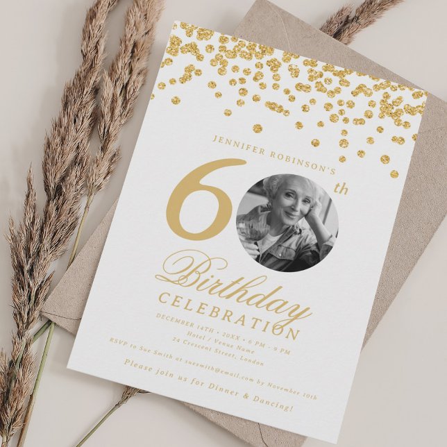 Elegantes Foto 60. Geburtstag Gold Confetti Einladung (Elegant Photo 60th Birthday Gold Confetti Invitation)
