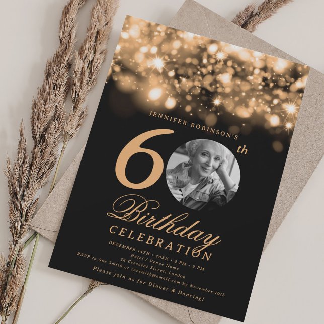 Elegantes Foto 60. Geburtstag Gold Midnight Glam Einladung (Elegant Photo 60th Birthday Gold Midnight Glam Invitation)