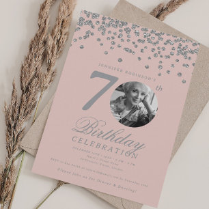 Elegantes Foto 70. Geburtstag Silber Rosa Blush Einladung