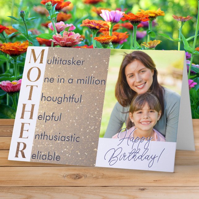 Elegantes Foto Akrostisches Gedicht Mutter Geburts Karte (An elegant birthday card with mother themed acrostic poem. Personalize with a favorite photo)