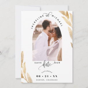 Elegantes Foto Arch and Golden Blätter Hochzeit Save The Date