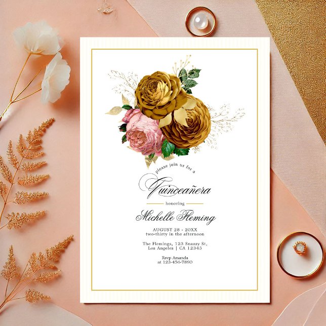 Elegantes Foto aus Gold und Blüten Einladung (Elegant Gold and Blush Floral Quinceañera Photo Invitation)
