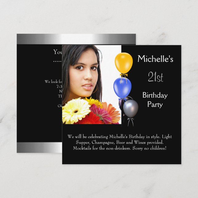 Elegantes Foto Balloons 21. Geburtstag Einladung (Vorne/Hinten)