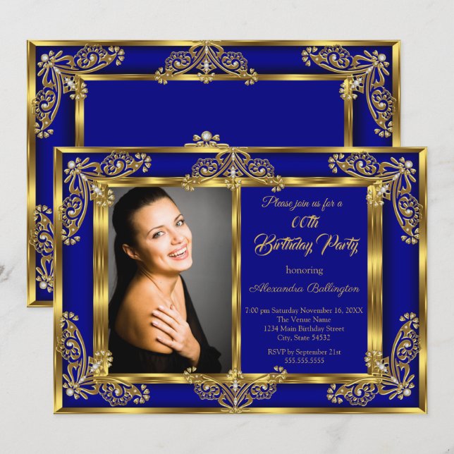 Elegantes Foto Birthday Party Royal Blue Gold Gems Einladung (Vorne/Hinten)