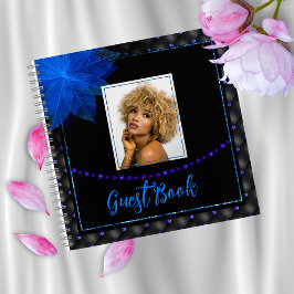 Elegantes Foto Black and Blue Birthday Gästebuch Notizbuch