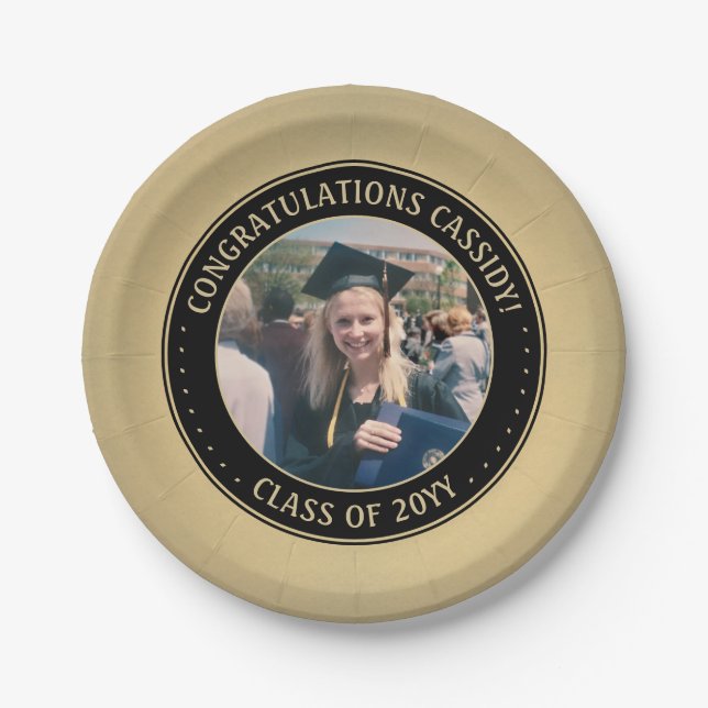 Elegantes Foto Black & Gold Moderne Graduiertenpar Pappteller (Vorderseite)
