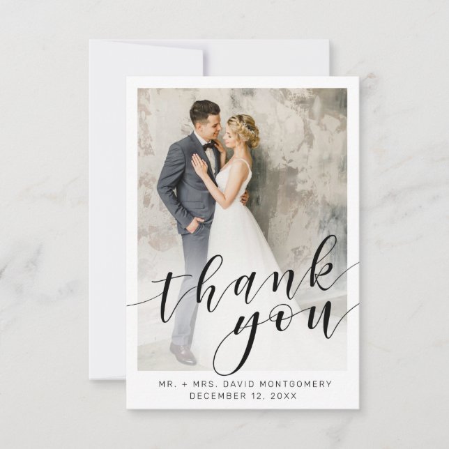 Elegantes Foto Black Script White Wedding Vielen D Dankeskarte (Vorderseite)
