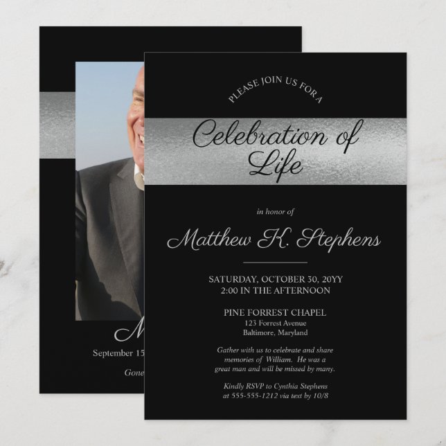 Elegantes Foto Black | Silver Celebration of Life Einladung (Vorne/Hinten)