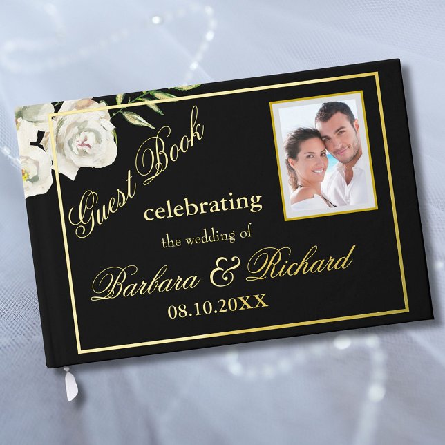 Elegantes Foto Black Wedding Gold Foil Gästebuch (Von Creator hochgeladen)