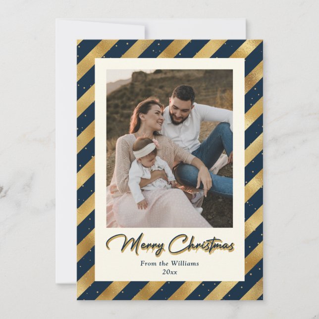 Elegantes Foto Blau und Gold Frohe Weihnachten (Vorderseite)