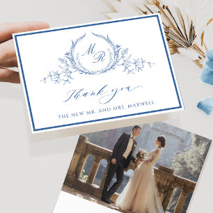 Elegantes Foto, Blaues Klassisches Monogramm Hochz Dankeskarte