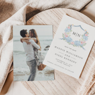 Elegantes Foto Blaues Monogramm Save-the-Date Save The Date