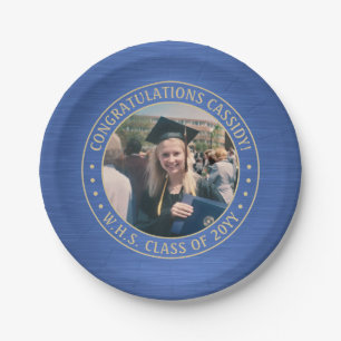 Elegantes Foto Blue & Gold Moderne Graduiertenpart Pappteller