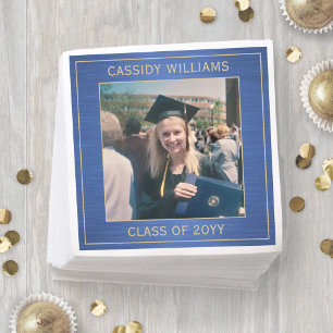 Elegantes Foto Blue & Gold Moderne Graduiertenpart Serviette