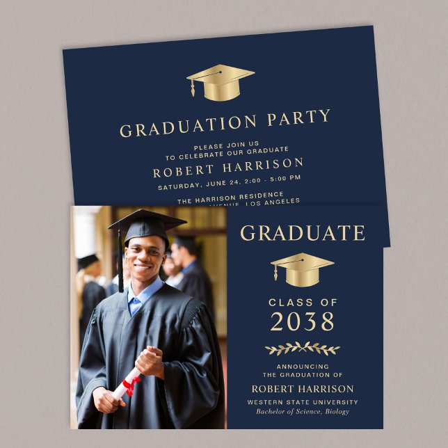 Elegantes Foto Blue Gold Uni-Abschluß Party Einladung (An elegant college graduation party invitation to celebrate the graduate's achievements)