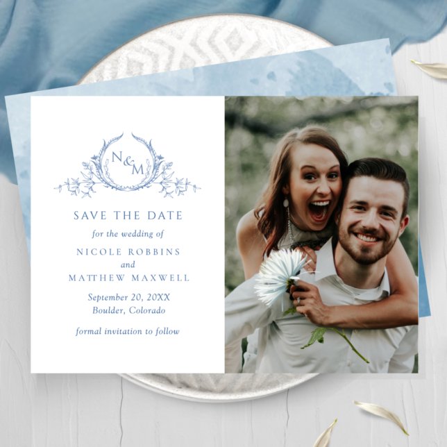 Elegantes Foto Blue Monogram Wedding Save the Date (Von Creator hochgeladen)