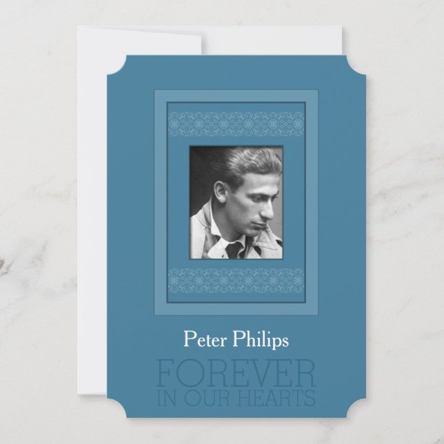 Elegantes Foto Blue Template Memorial Beerdigung Ankündigung (Vorderseite)