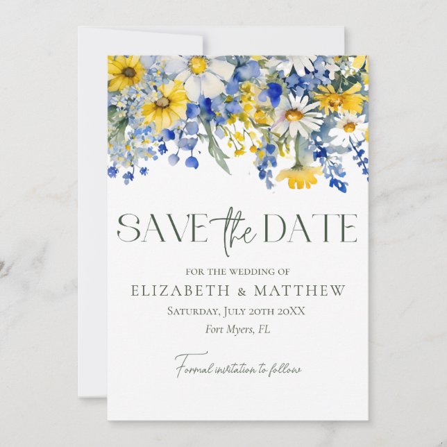 Elegantes Foto Blue Yellow Wildblumen Boho Wedding Save The Date (Vorderseite)