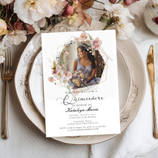 Elegantes Foto Blumenstrauß Quinceanera Einladung