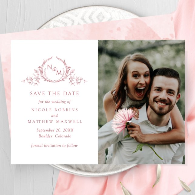 Elegantes Foto Blush Pink Monogram Wedding Save The Date (Von Creator hochgeladen)