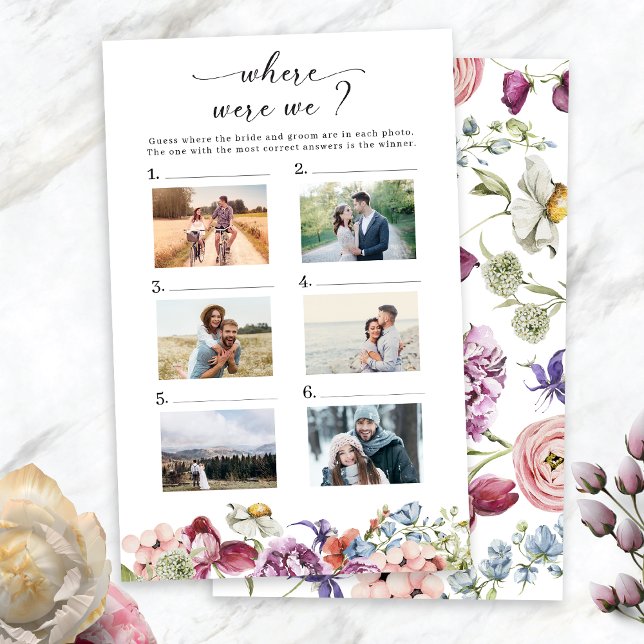 Elegantes Foto-Brautparty-Spiel (Elegant Colorful Floral Photo Where Were We Bridal Shower Game by Painted Paperie
)