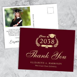 Elegantes Foto Burgundy Gold Abschluss Vielen Dank Postkarte