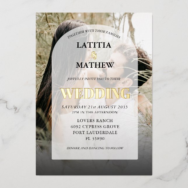 Elegantes Foto Calligraphy Arch Wedding Folieneinladung (Vorderseite)