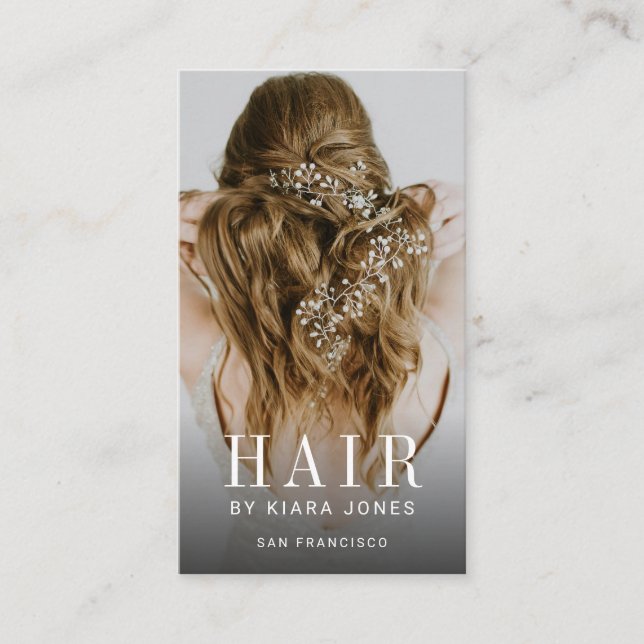 Elegantes Foto Cascading Hair Stylist Business Visitenkarte (Vorderseite)