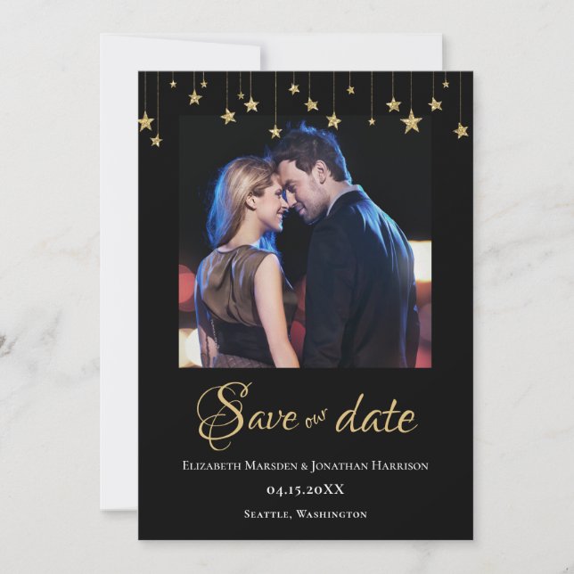 Elegantes Foto Chic Black Gold Stars Formal Save The Date (Vorderseite)