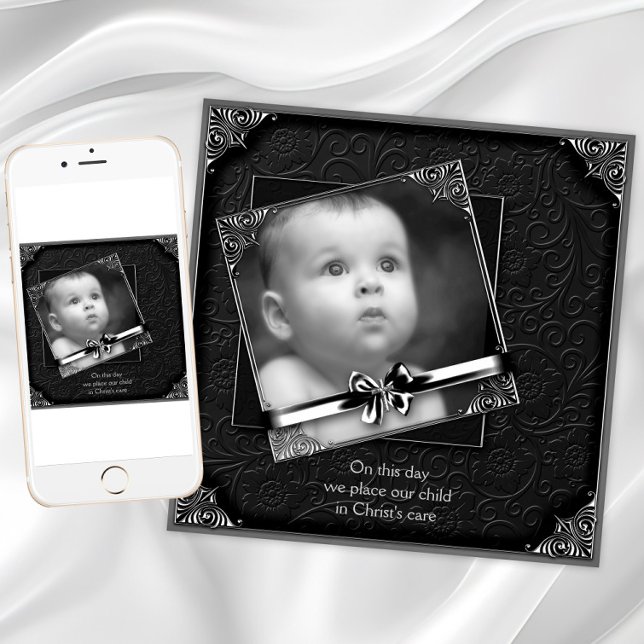 Elegantes Foto Christening Einladung (Elegant black silver photo christening and baptism invitation. Add your own text and photo.)