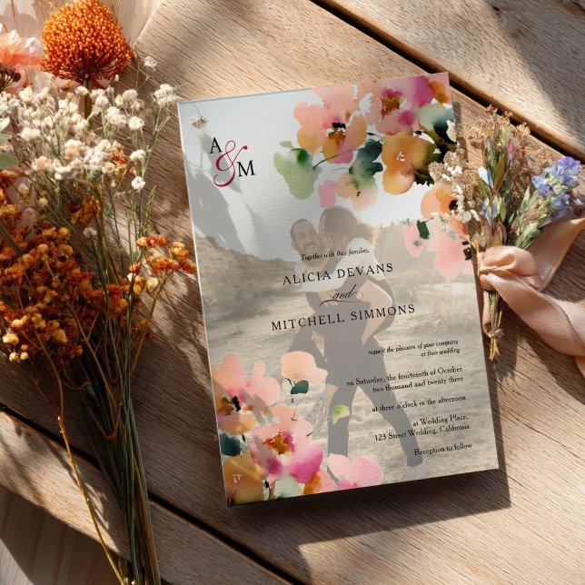 Elegantes Foto der Bläsereinfarbietung Einladung (Elegant Autumn Floral Monogram Photo Wedding Invitation)