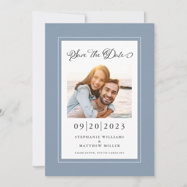 Elegantes Foto Dusty Blue Save the Date Verlobung (Vorderseite)