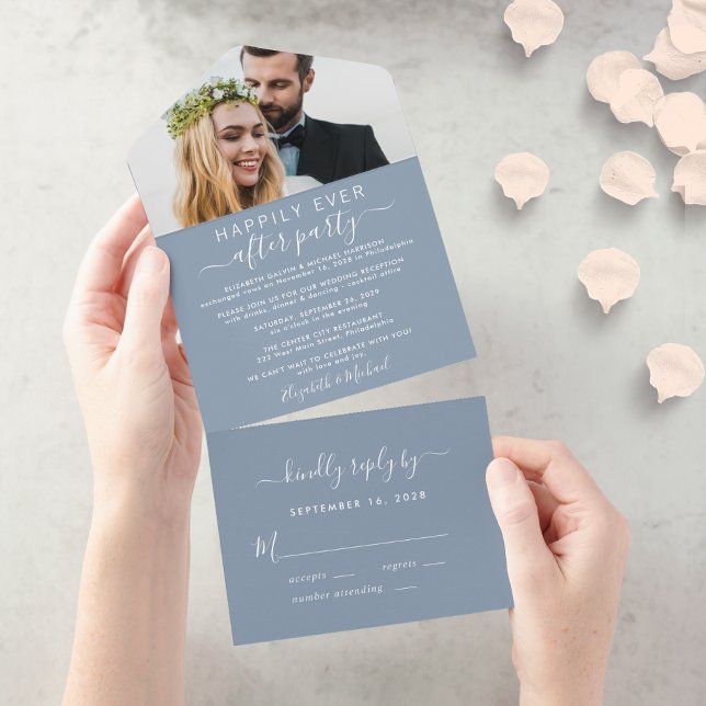 Elegantes Foto Dusty Blue Wedding Empfang All In One Einladung (Von Creator hochgeladen)