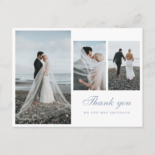 Elegantes Foto Dusty Blue Wedding Vielen Dank Postkarte (Vorderseite)