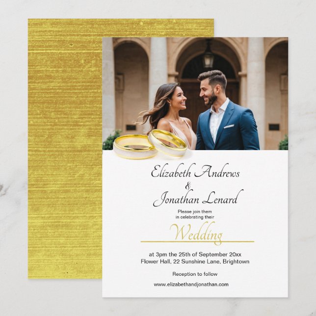 Elegantes Foto Einfache Goldfarbenhochzeit Einladung (Vorne/Hinten)