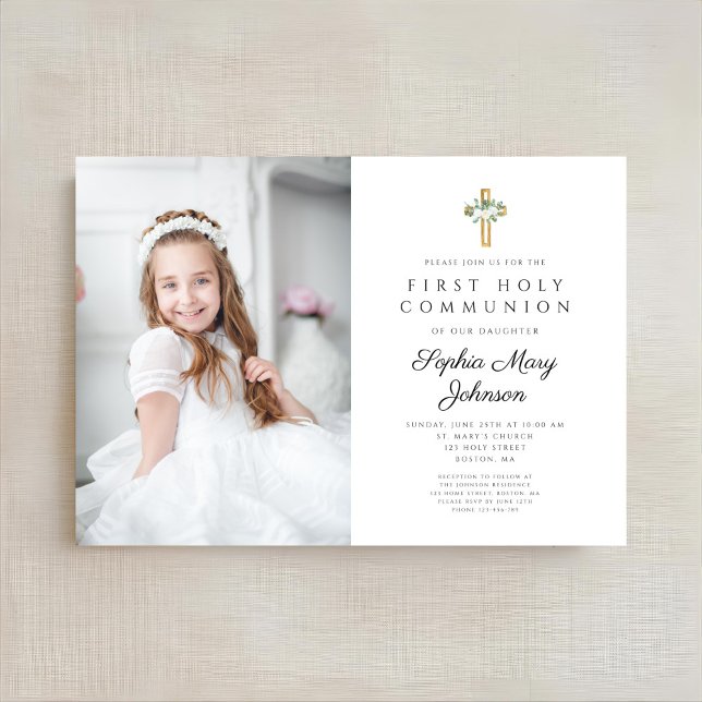 Elegantes Foto Einladung (Elegant White Floral Girl First Communion Photo Invitation)
