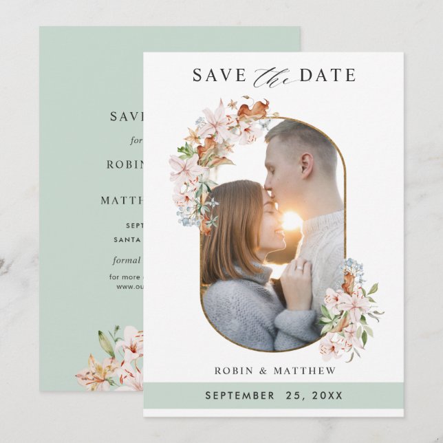 Elegantes Foto erthy Blooms mit grüner Hochzeit Save The Date (Vorne/Hinten)