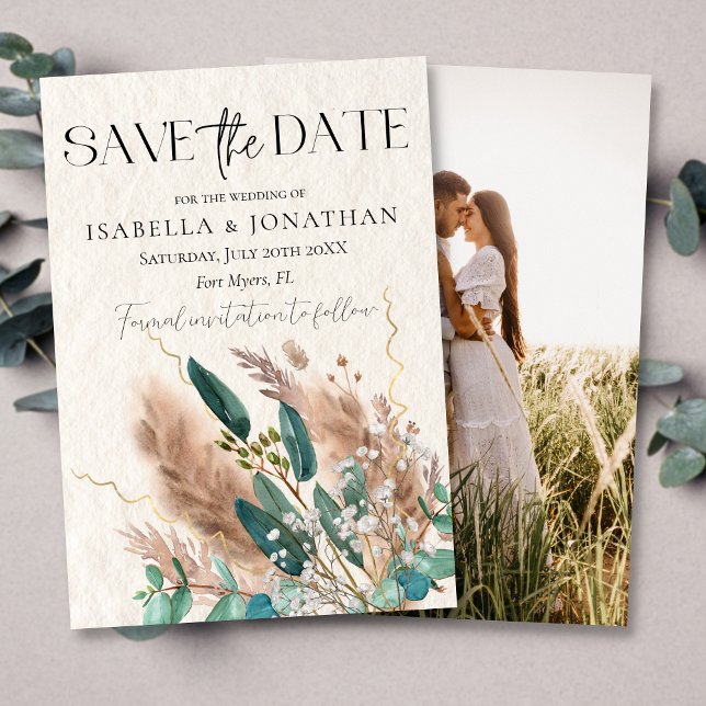 Elegantes Foto Eukalyptus & Pampas Grass Wedding Save The Date (Von Creator hochgeladen)