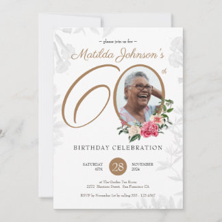 Elegantes Foto Floral 60. Geburtstag Einladung