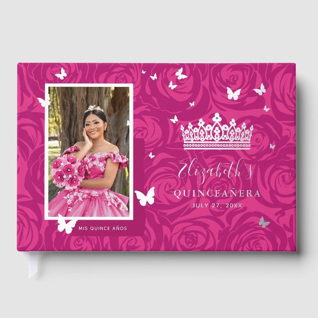 Elegantes Foto Fuchsia Quinceanera Gästebuch (Vorderseite)