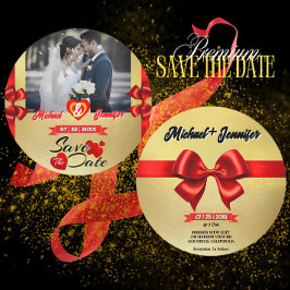 Elegantes Foto für Hochzeiten mit Gold & Red Ribbo Save The Date