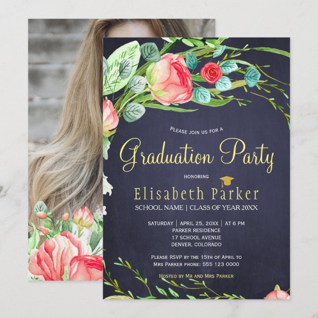 Elegantes FOTO Garden Rose Abschlussfeier Einladung (Vorne/Hinten)
