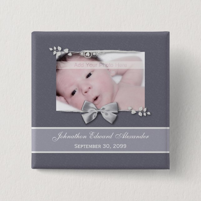 Elegantes Foto Geburtsankündigung Silver Ribbon Button (Vorderseite)