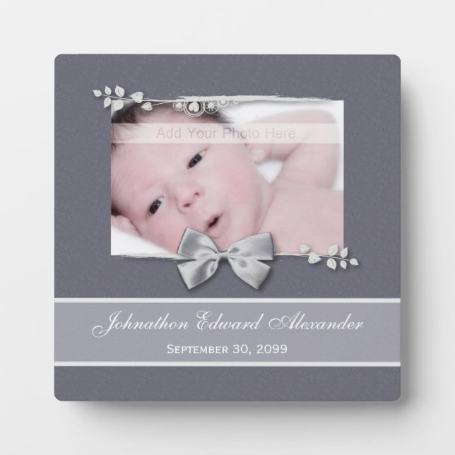 Elegantes Foto Geburtsankündigung Silver Ribbon Fotoplatte (Vorderseite)