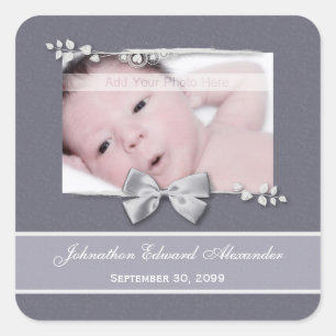 Elegantes Foto Geburtsankündigung Silver Ribbon Quadratischer Aufkleber