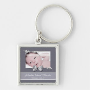 Elegantes Foto Geburtsankündigung Silver Ribbon Schlüsselanhänger