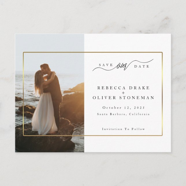 Elegantes Foto Gold Frame Wedding Ankündigungspostkarte (Vorderseite)