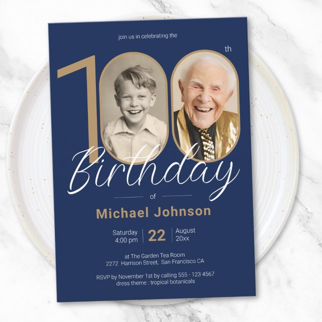 Elegantes Foto Gold Navy Blue 100. Geburtstag Einladung (Elegant Photo Gold Navy Blue 100th Birthday Invitation)