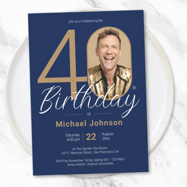 Elegantes Foto Gold Navy Blue 40. Geburtstag Einladung (Elegant Photo Gold Navy Blue 40th Birthday Invitation)