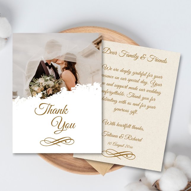 Elegantes Foto Gold Script Wedding Dankeschön Card Dankeskarte (elegant gold script wedding thank you card)